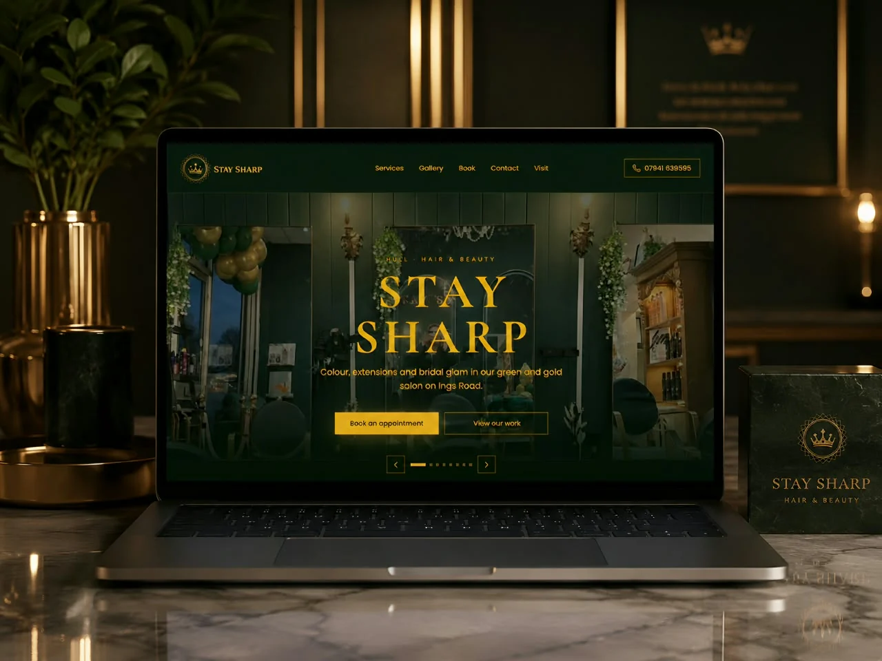 Stay Sharp salon website displayed on a laptop in a green-and-gold project mockup